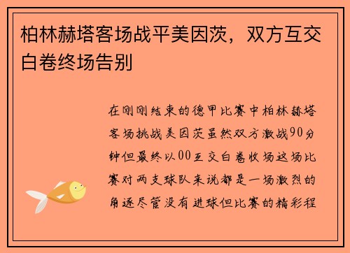 柏林赫塔客场战平美因茨，双方互交白卷终场告别