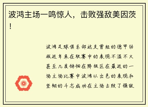 波鸿主场一鸣惊人，击败强敌美因茨！